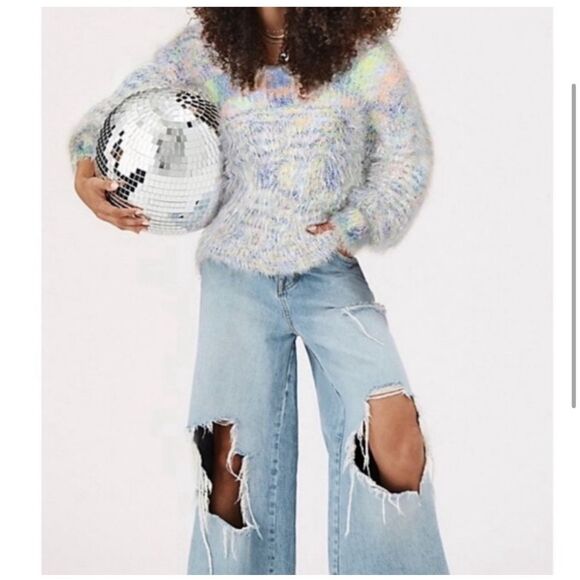 Free People Womens V-Neck Fuzzy Eyelash Knit Sweater oversized Multicolor XS - Picture 2 of 8